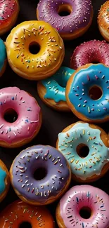 Colorful donuts with sprinkles wallpaper design.