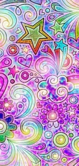 Colorful doodle art wallpaper with stars, hearts, and swirling patterns.