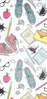 School-themed doodle wallpaper with sneakers and stationery.