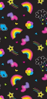 Colorful doodles with rainbows, hearts, and stars on a black mobile wallpaper.