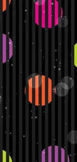 Mobile wallpaper with colorful dots on black stripes.