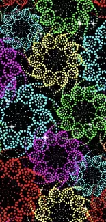 Vibrant dotted floral pattern with multiple colors on a black background.