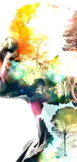 Double exposure art with nature-filled silhouette on white background.