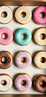 Vibrant box of colorful doughnuts with pink icing.