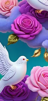 White doves and vibrant roses against colorful cloudy background.