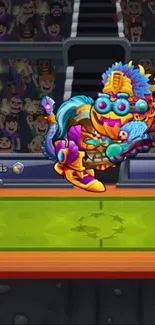 Colorful dragon character in animated arena setting.