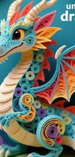 Colorful dragon made of paper quilling art on a teal background.