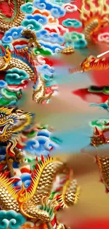 Vibrant dragon art wallpaper with gold and colorful clouds.