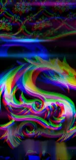 Colorful dragon with glitch art effect on black background.