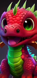 Vibrant cartoon dragon with bright pink and green hues.