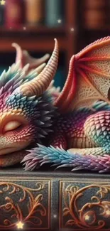 Vibrant colorful dragon resting on ornate book with intricate scales.