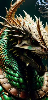 Vibrant dragon art with detailed scales in green and bronze hues.