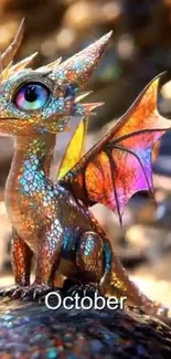 Colorful dragon with iridescent scales sits majestically in fantasy setting.