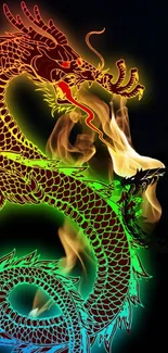 Colorful dragon with vibrant fiery hues on a black background.