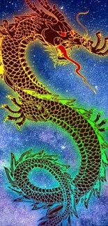 Colorful dragon against a starry galaxy sky.