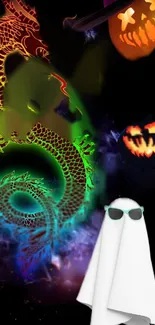 Halloween wallpaper with neon dragon, pumpkins, and ghost.