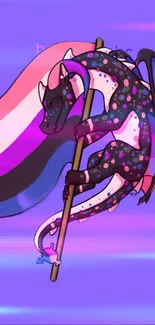 Colorful dragon with a rainbow mane on a purple background.