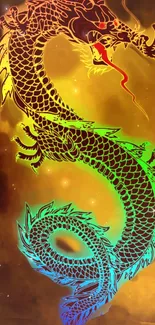 Colorful dragon with rainbow hues on dark background.