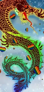 Colorful dragon on blue starry background with rainbow hearts.