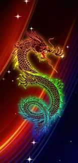 Colorful dragon on dark background, vibrant mobile wallpaper.