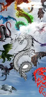 Vivid dragons soar across a clear sky.