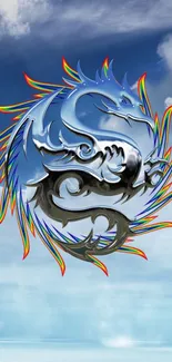 Colorful dragon design against a sky background for mobile wallpaper.