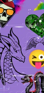 Mobile wallpaper with dragons, skull, emojis on purple background.