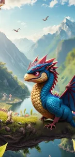 Colorful dragon in a lush valley with mountains and bright foliage.