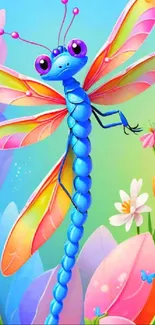 Colorful dragonfly cartoon among bright flowers.