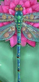 Colorful dragonfly with artistic wings on a teal background.