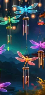 Glowing dragonfly dreamcatchers hang in a mystical night scene.