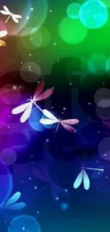 Vibrant dragonfly wallpaper with colorful bokeh effects.