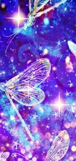 Fantastical purple and blue wallpaper with luminous dragonflies and stars.