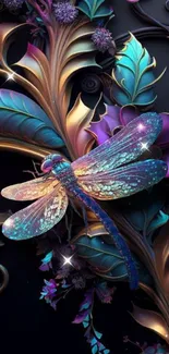 Iridescent dragonfly on floral fantasy background.