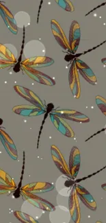 Colorful dragonfly pattern on gray mobile wallpaper.