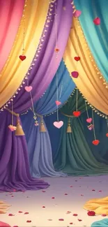 Colorful drapes with hanging hearts.