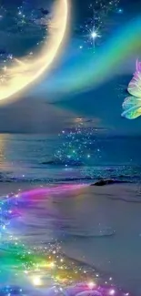 Colorful fantasy landscape with butterfly and moonlit sky.