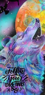 Colorful wolf howling at a vibrant moon with inspirational text.