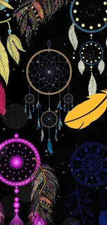 Vibrant dreamcatchers with colorful feathers on black background.