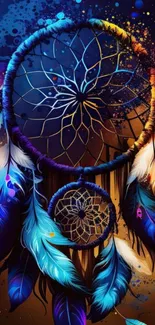 Colorful dreamcatcher with feathers on cosmic background.