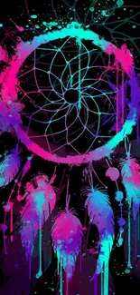 Neon dreamcatcher with colorful feathers and artistic splashes on a dark background.