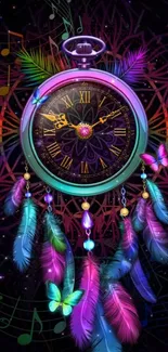 Colorful dreamcatcher clock with feathers and musical notes.