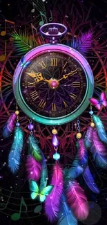 Colorful dreamcatcher clock with feathers and butterflies wallpaper.