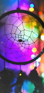 Vibrant dreamcatcher with colorful bokeh lights in the background.