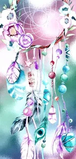 Colorful dreamcatcher with feathers and flowers on a blurred background.