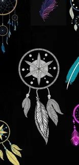 Colorful dreamcatcher wallpaper with feathers on a black background.