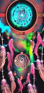 Colorful dreamcatcher with feathers on a black background.