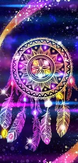 Colorful dreamcatcher with cosmic background on mobile wallpaper.