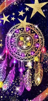 Vibrant dreamcatcher with stars on a cosmic purple background.