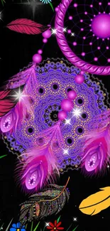 Colorful dreamcatcher wallpaper with vibrant purple and pink feathers.